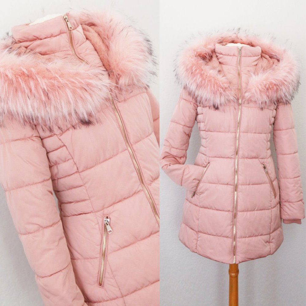NEW Blush Pink Faux Fur Lined Puffer Coat Jacket - Picture 10 of 14